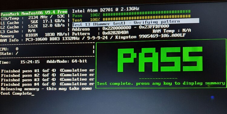 MemTest doesn't anything bad for the bad Kingston module